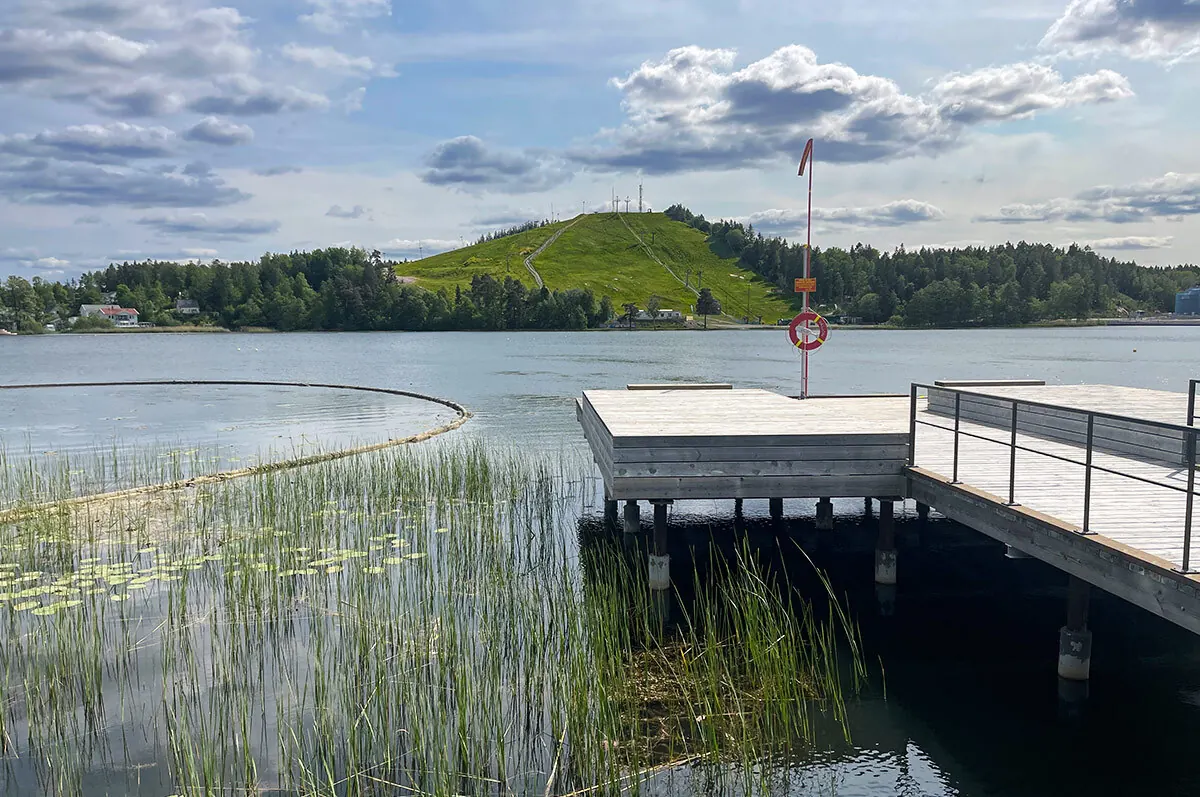 Väsjön en sommardag med brygga och vass.