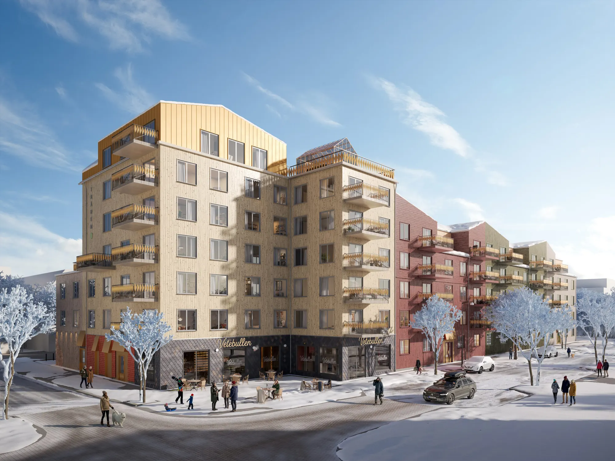 VYN i Väsjö Torg, Sollentuna — flerbostadshus med trästomme och träfasad en vinterdag.